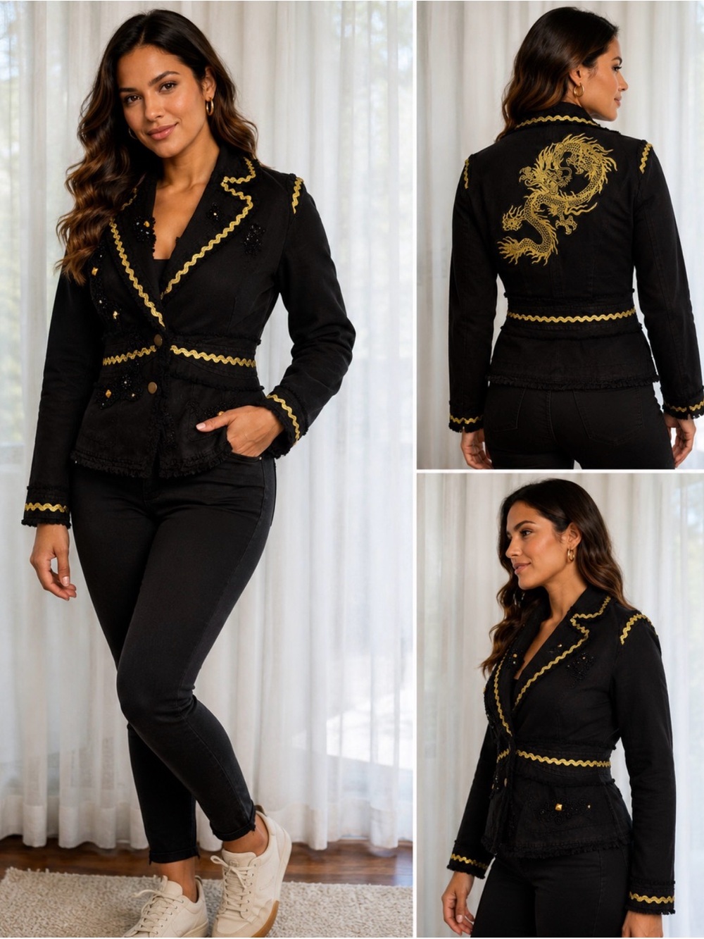 Stylish Black Jean Jacket with Gold Dragon Embroidery